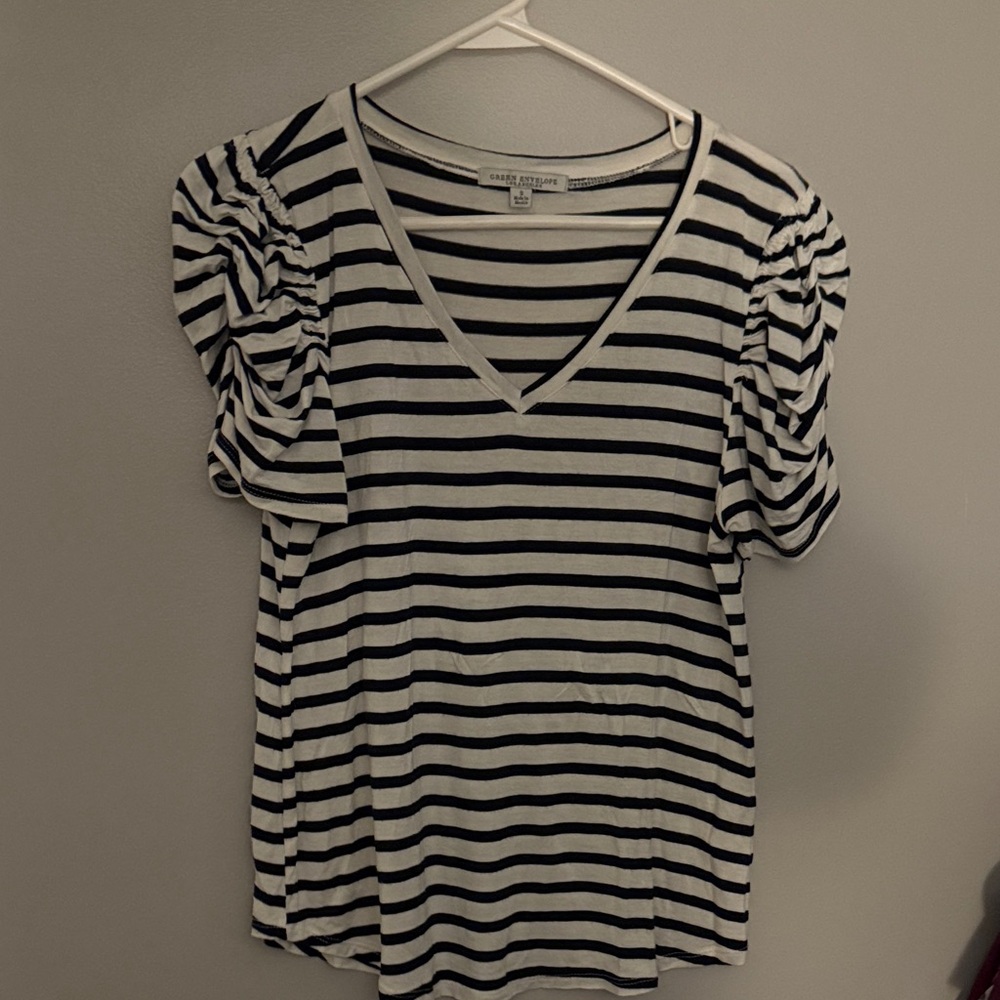 Green Envelope Black and White Striped V-Neck Top